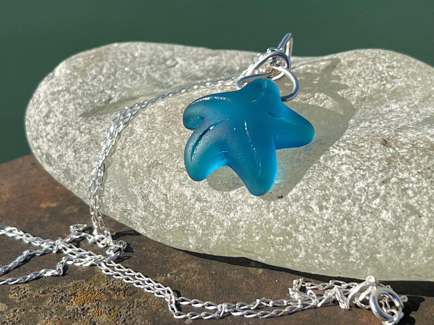Eco friendly jewellery. Sea glass necklace on a sterling silver chain. Sea glass starfish necklace. Starfish pendant, ethical jewellery.
