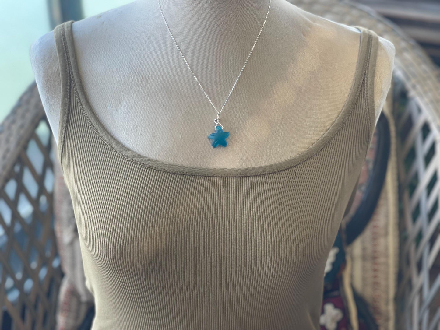 Eco friendly jewellery. Sea glass necklace on a sterling silver chain. Sea glass starfish necklace. Starfish pendant, ethical jewellery.