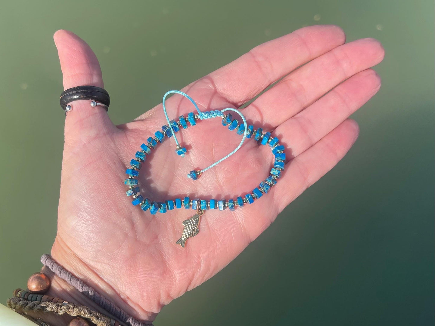 Adjustable gold and blue jasper gemstone bracelet, handmade gift for him or her. Ethical jewellery, handmade unique jewellery.