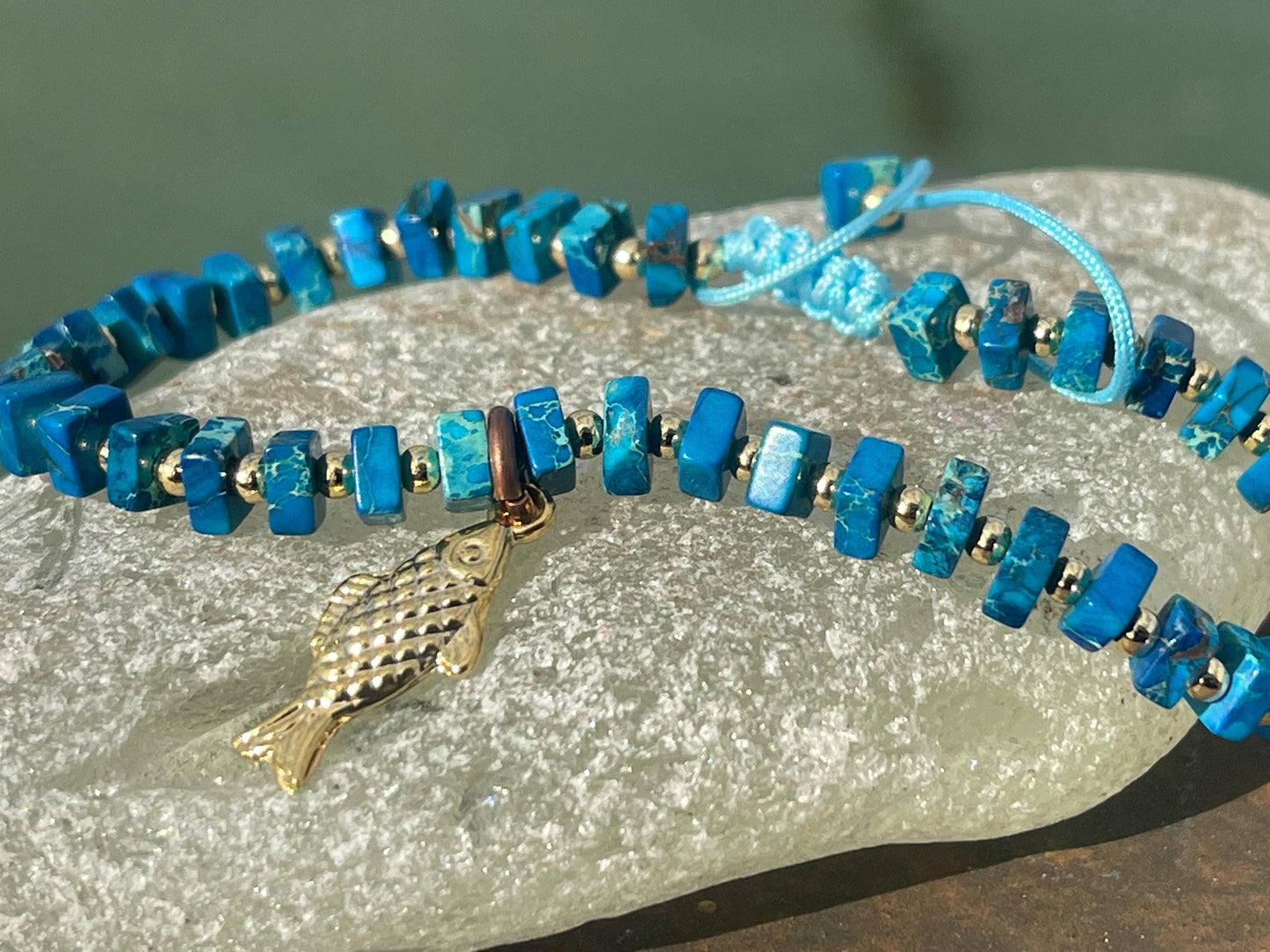 Adjustable gold and blue jasper gemstone bracelet, handmade gift for him or her. Ethical jewellery, handmade unique jewellery.