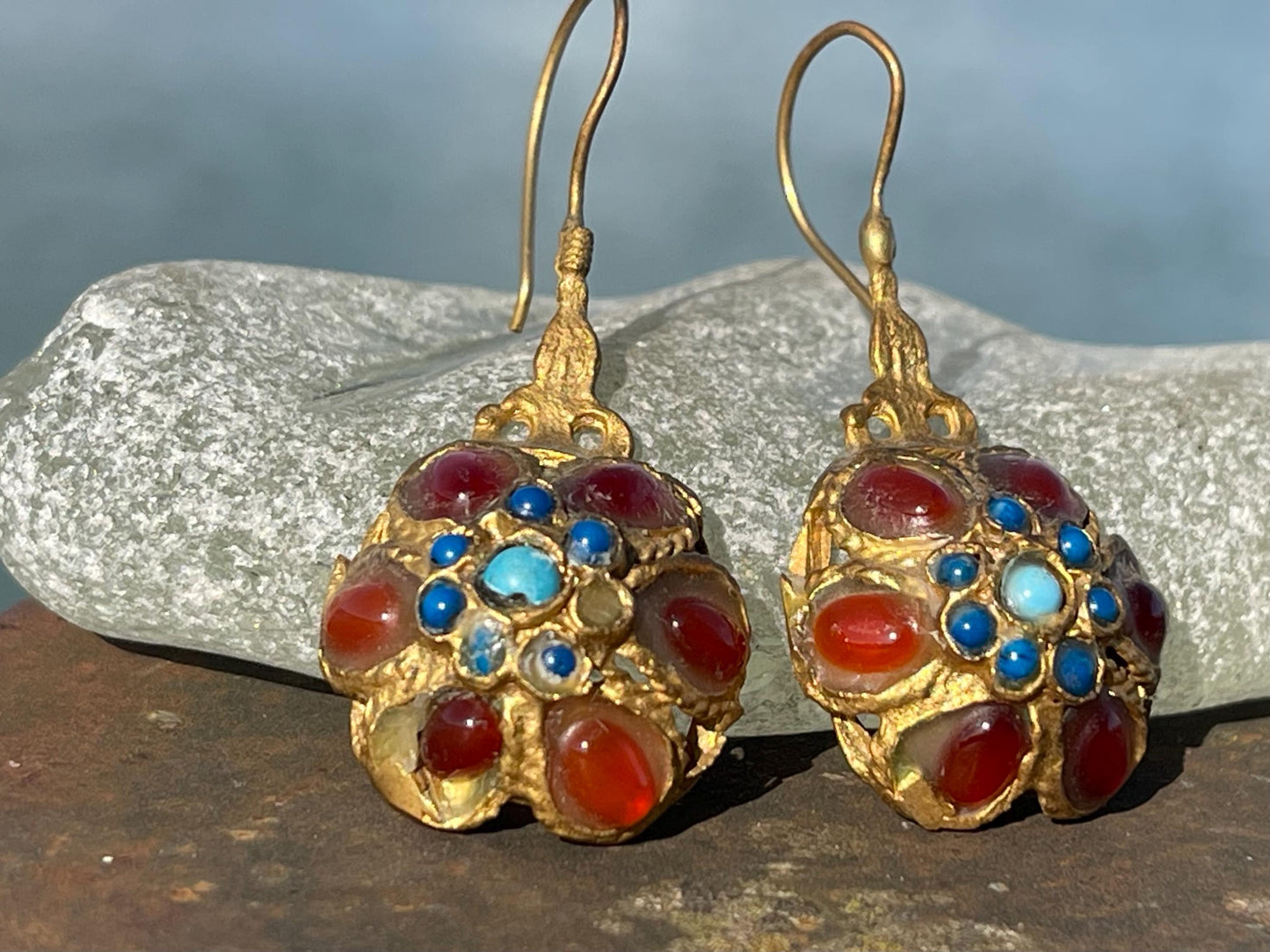 Gypsy jewellery, gold vintage earrings, red jewellery, ethical jewellery, gypsy earrings, romantic gifts, eco friendly jewellery