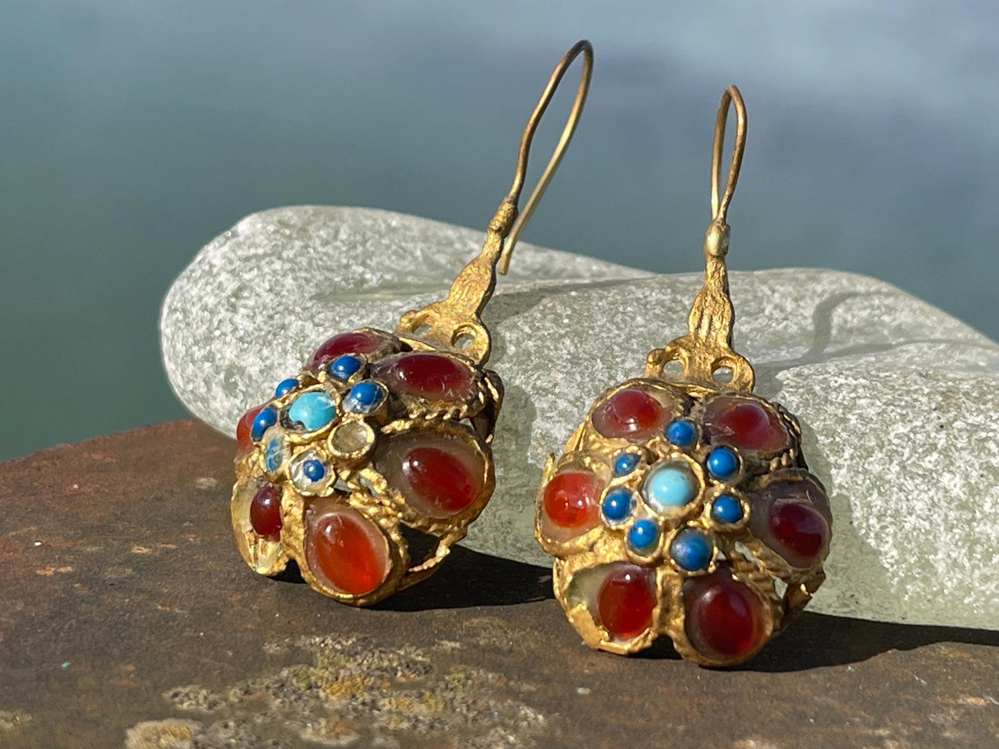 Gypsy jewellery, gold vintage earrings, red jewellery, ethical jewellery, gypsy earrings, romantic gifts, eco friendly jewellery