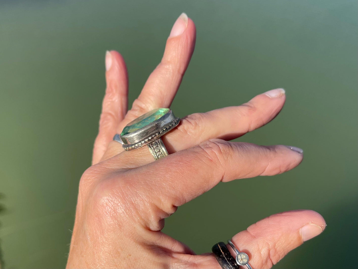 Fabulous vintage ring, large green ring, boho vintage jewellery, ethical jewellery, gypsy ring. Gypsy jewellery, statement jewellery