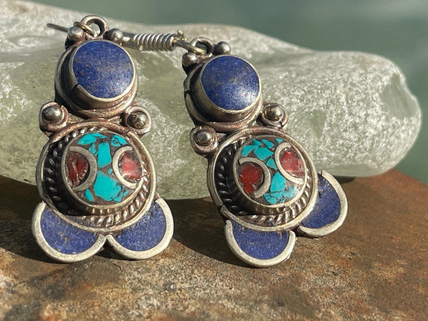 Vintage turquoise & lapis earrings, turquoise jewellery, ethical jewellery, gypsy earrings. Eco friendly jewellery. Ethical jewellery.