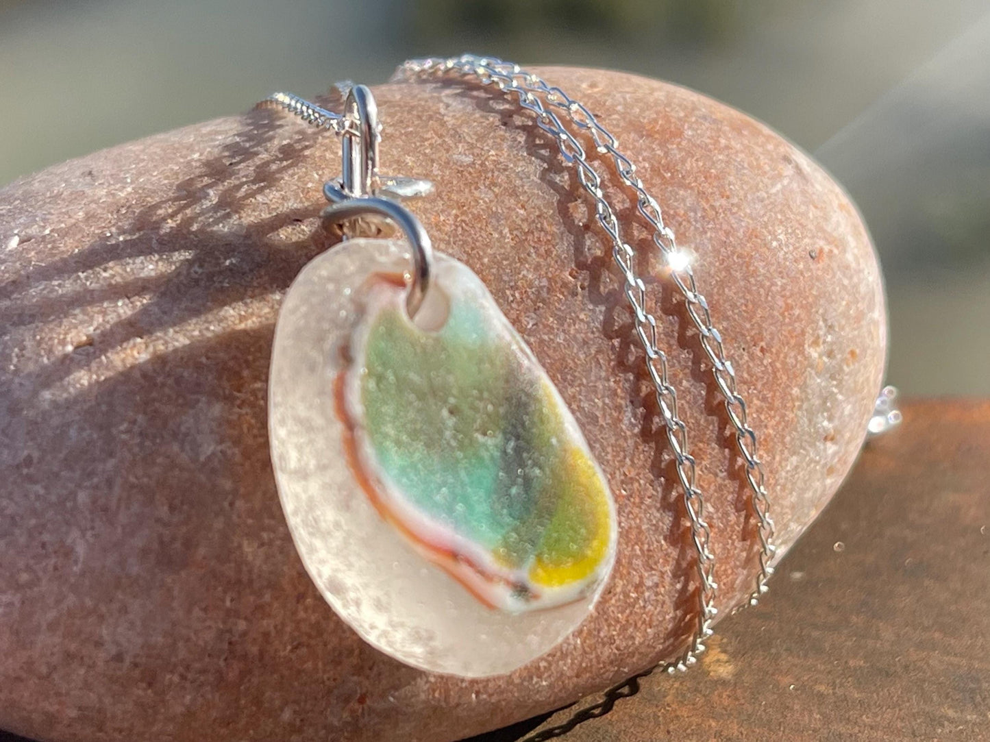 Eco friendly sea glass necklace on a sterling silver chain.  Eco friendly jewellery. Unusual sea glass jewellery. Handmade ethical jewellery