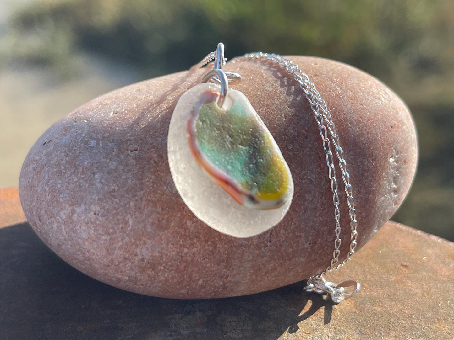 Eco friendly sea glass necklace on a sterling silver chain.  Eco friendly jewellery. Unusual sea glass jewellery. Handmade ethical jewellery