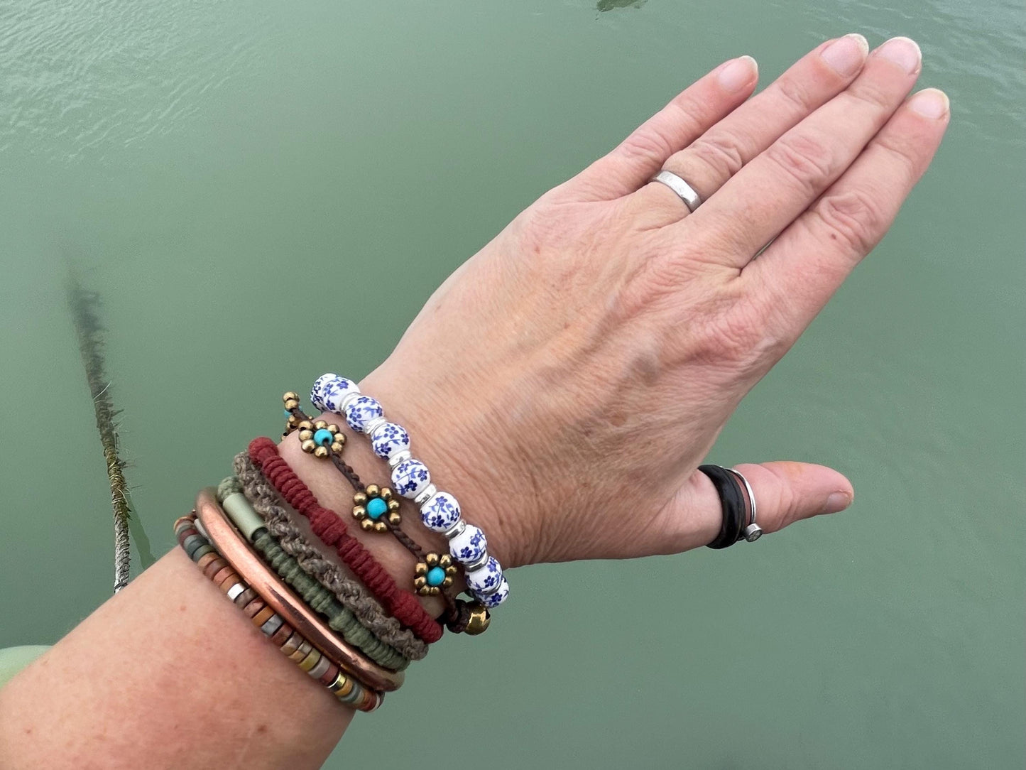 Up-cycled ceramic bracelet. Eco friendly jewellery. Handmade bracelet. Ethical jewellery. Silver, white and blue ceramic bracelet.