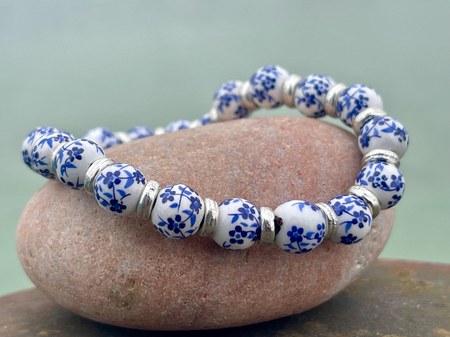 Up-cycled ceramic bracelet. Eco friendly jewellery. Handmade bracelet. Ethical jewellery. Silver, white and blue ceramic bracelet.