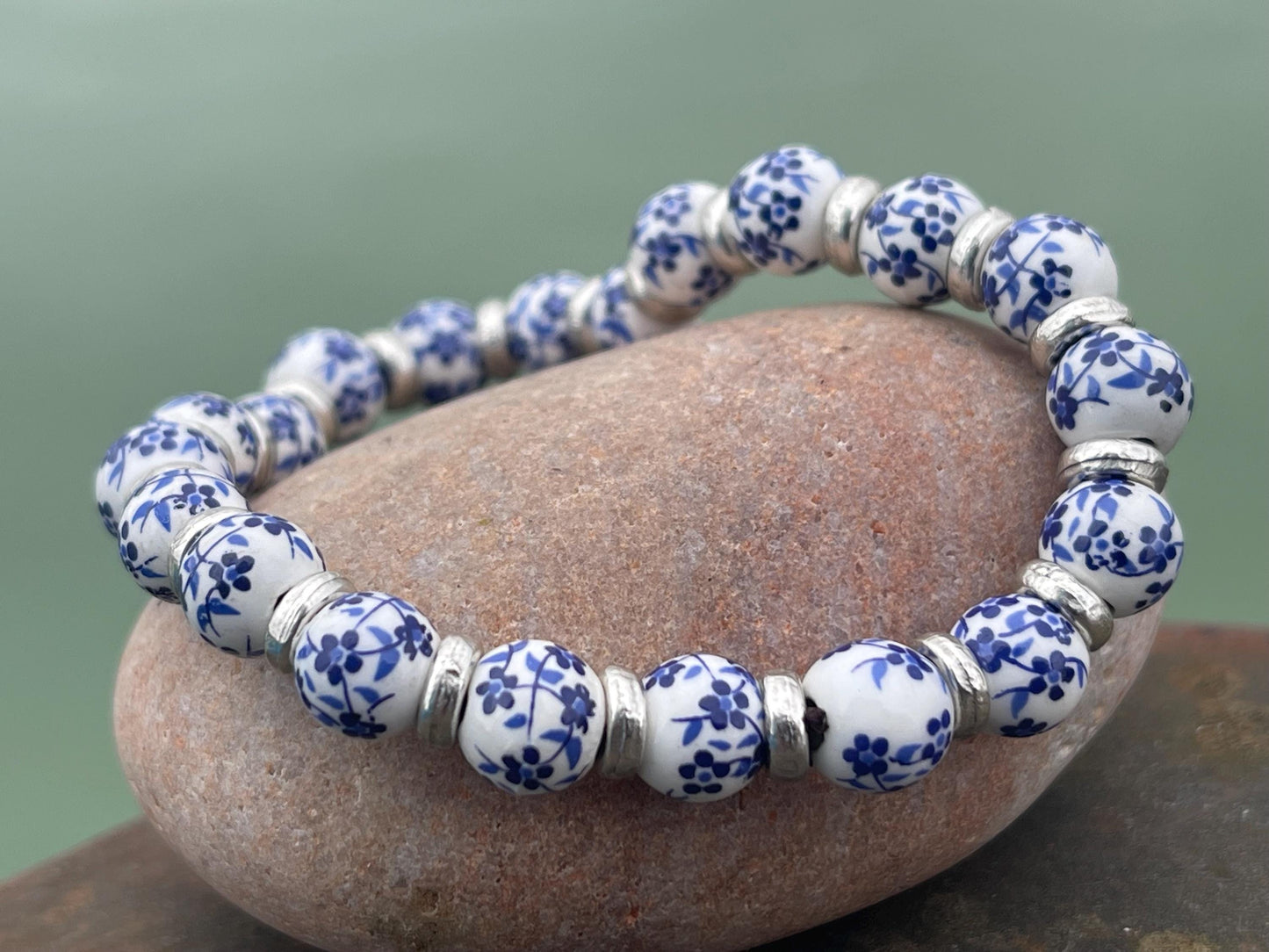 Up-cycled ceramic bracelet. Eco friendly jewellery. Handmade bracelet. Ethical jewellery. Silver, white and blue ceramic bracelet.