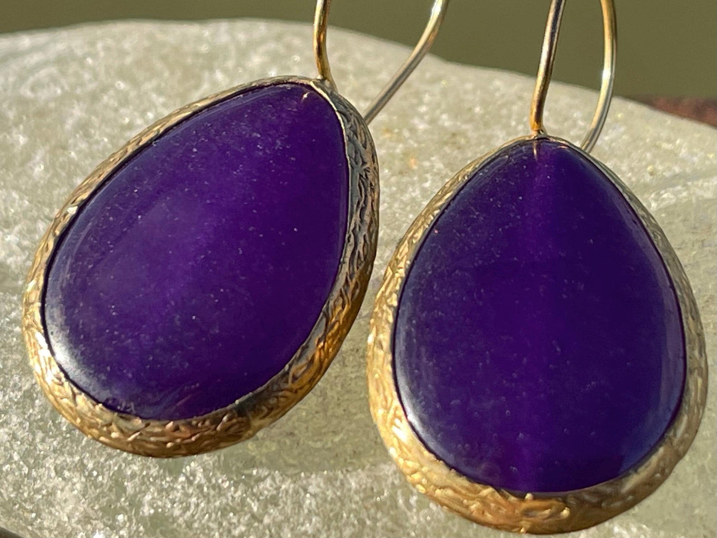 Gypsy jewellery, gold and purple vintage earrings, purple jewellery, ethical jewellery, romantic gifts, eco friendly jewellery.