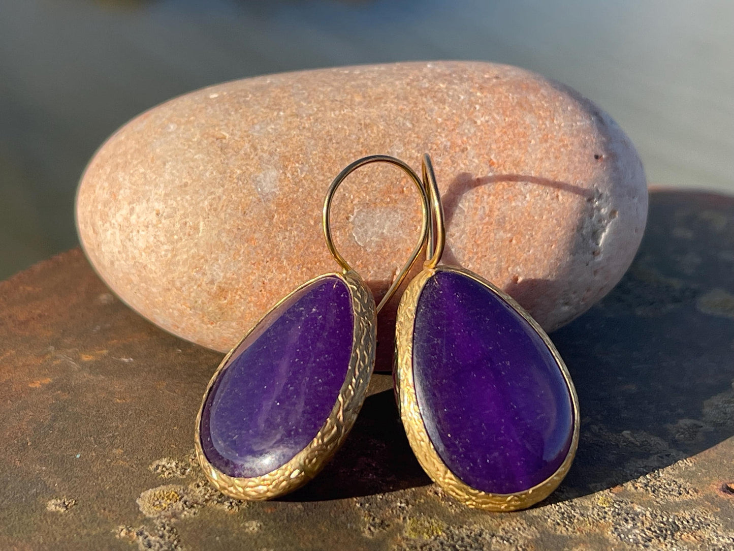 Gypsy jewellery, gold and purple vintage earrings, purple jewellery, ethical jewellery, romantic gifts, eco friendly jewellery.