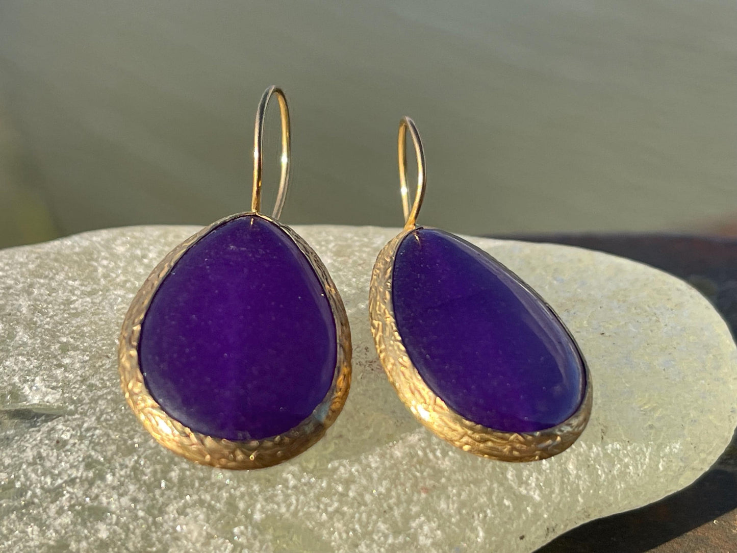 Gypsy jewellery, gold and purple vintage earrings, purple jewellery, ethical jewellery, romantic gifts, eco friendly jewellery.