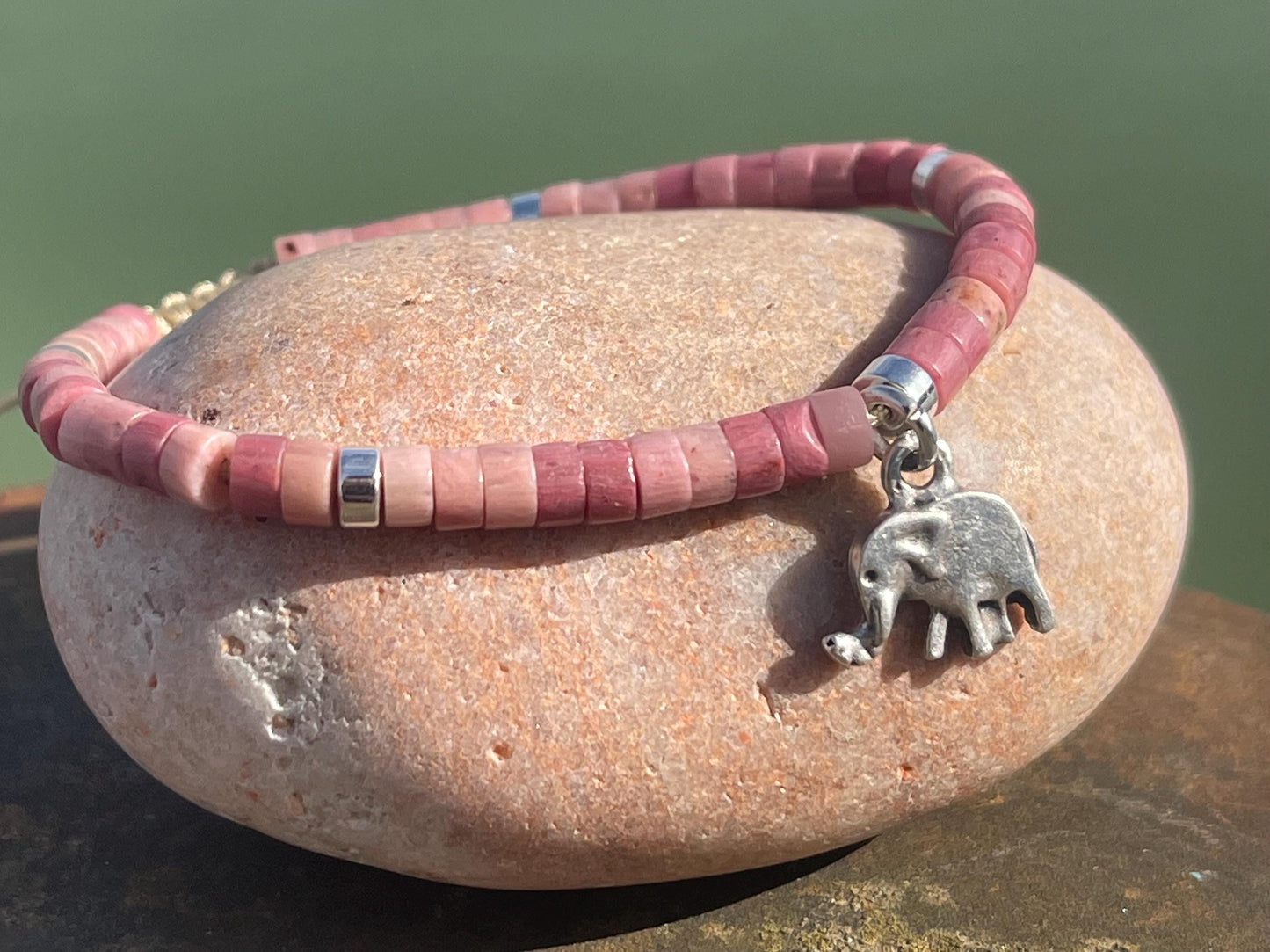 Adjustable rhodonite pink gemstone bracelet, handmade gift for him or her. Ethical jewellery, unique jewellery. Elephant bracelet.