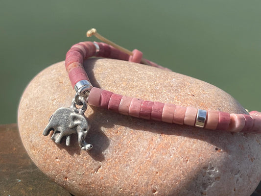 Adjustable rhodonite pink gemstone bracelet, handmade gift for him or her. Ethical jewellery, unique jewellery. Elephant bracelet.