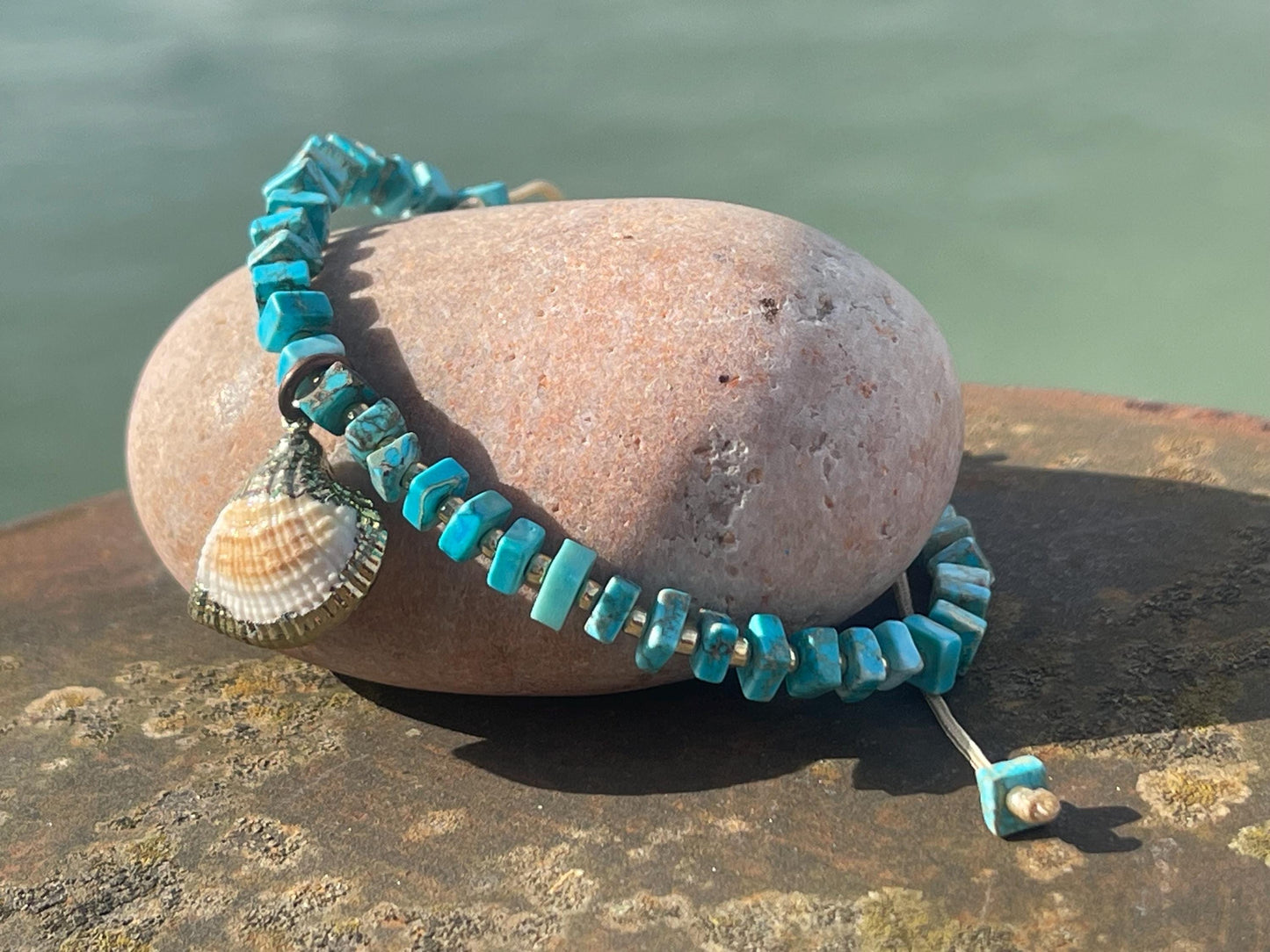 Adjustable blue jasper gemstone bracelet, handmade gift for him or her. Ethical jewellery, handmade unique jewellery. Shell bracelet.
