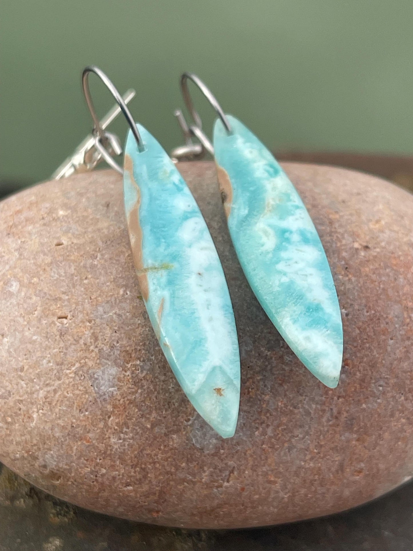 Hemimorphite Marquise gemstone earrings on sterling silver. Ethical jewellery, blue gemstone earrings. Stunning unique jewellery. Unique.