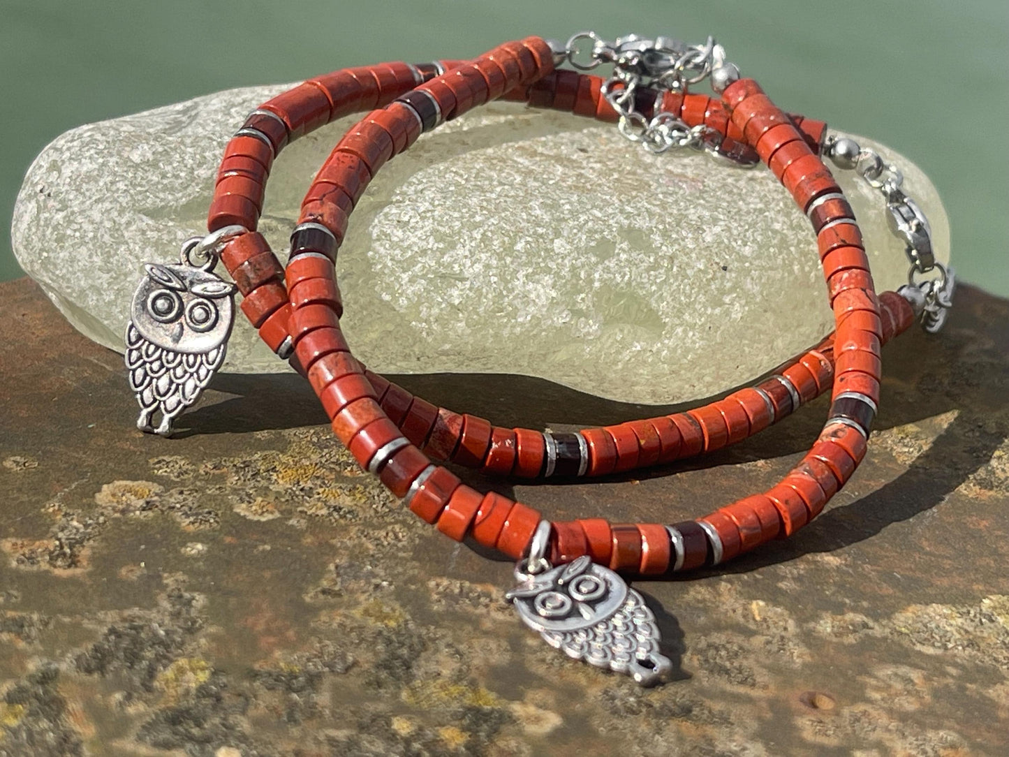 Adjustable red jasper gemstone bracelet, handmade gift for him or her. Ethical jewellery, unique jewellery. Owl bracelet. Owl jewellery.