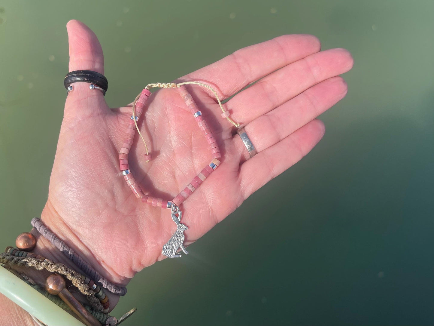 Adjustable rhodonite pink gemstone bracelet, handmade gift for him or her. Ethical jewellery, unique jewellery. Hare bracelet.