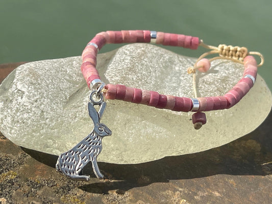 Adjustable rhodonite pink gemstone bracelet, handmade gift for him or her. Ethical jewellery, unique jewellery. Hare bracelet.