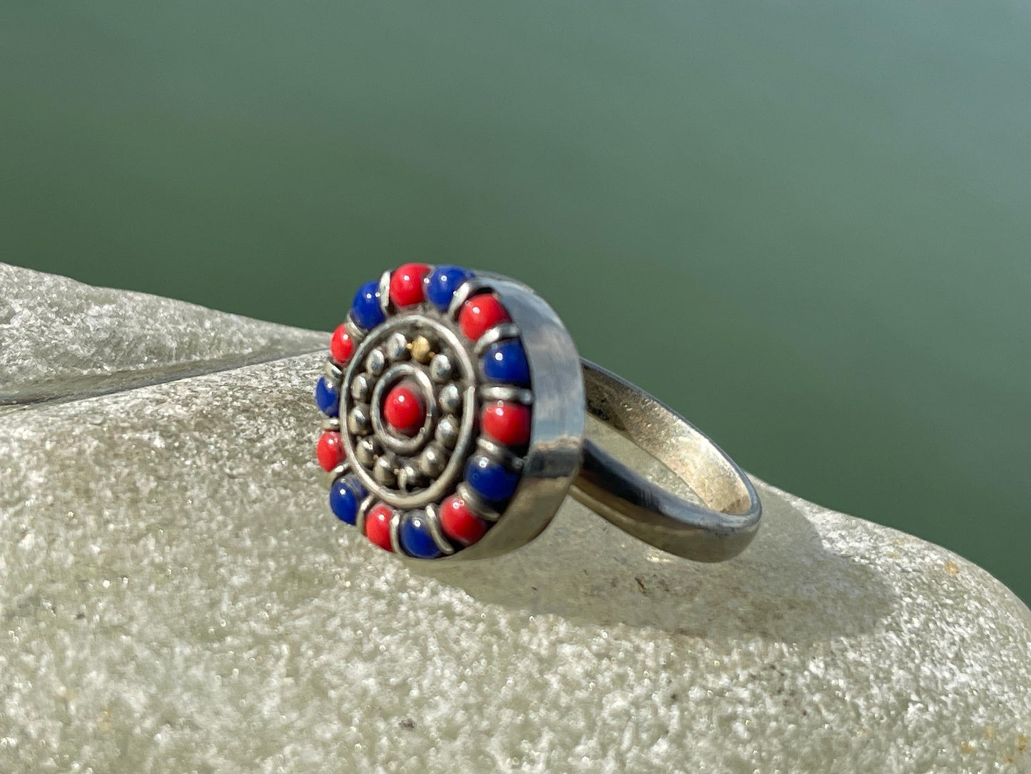 Fabulous vintage turquoise ring, silver & red ring, boho vintage jewellery, ethical jewellery, gypsy ring. Eco friendly jewellery.