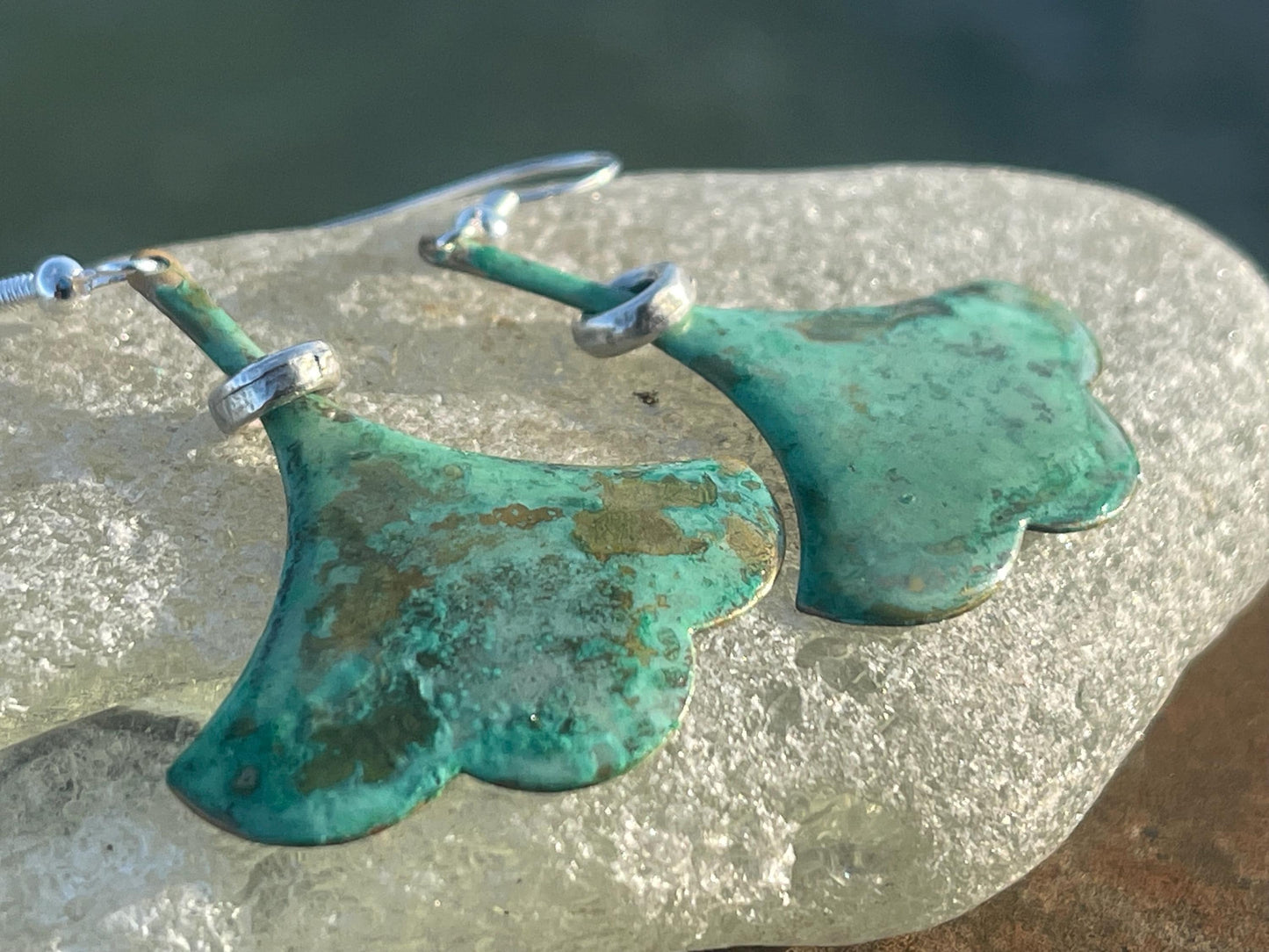 Handmade leaf earrings. Rustic earrings, unusual earrings, unusual gift for her, blue earrings, boho earrings, large statement earrings.