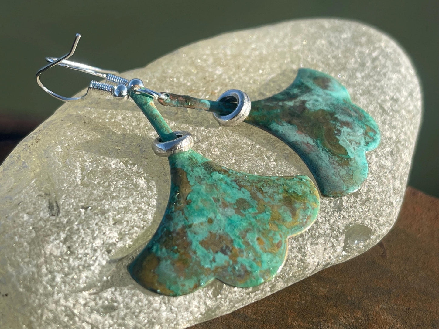 Handmade leaf earrings. Rustic earrings, unusual earrings, unusual gift for her, blue earrings, boho earrings, large statement earrings.