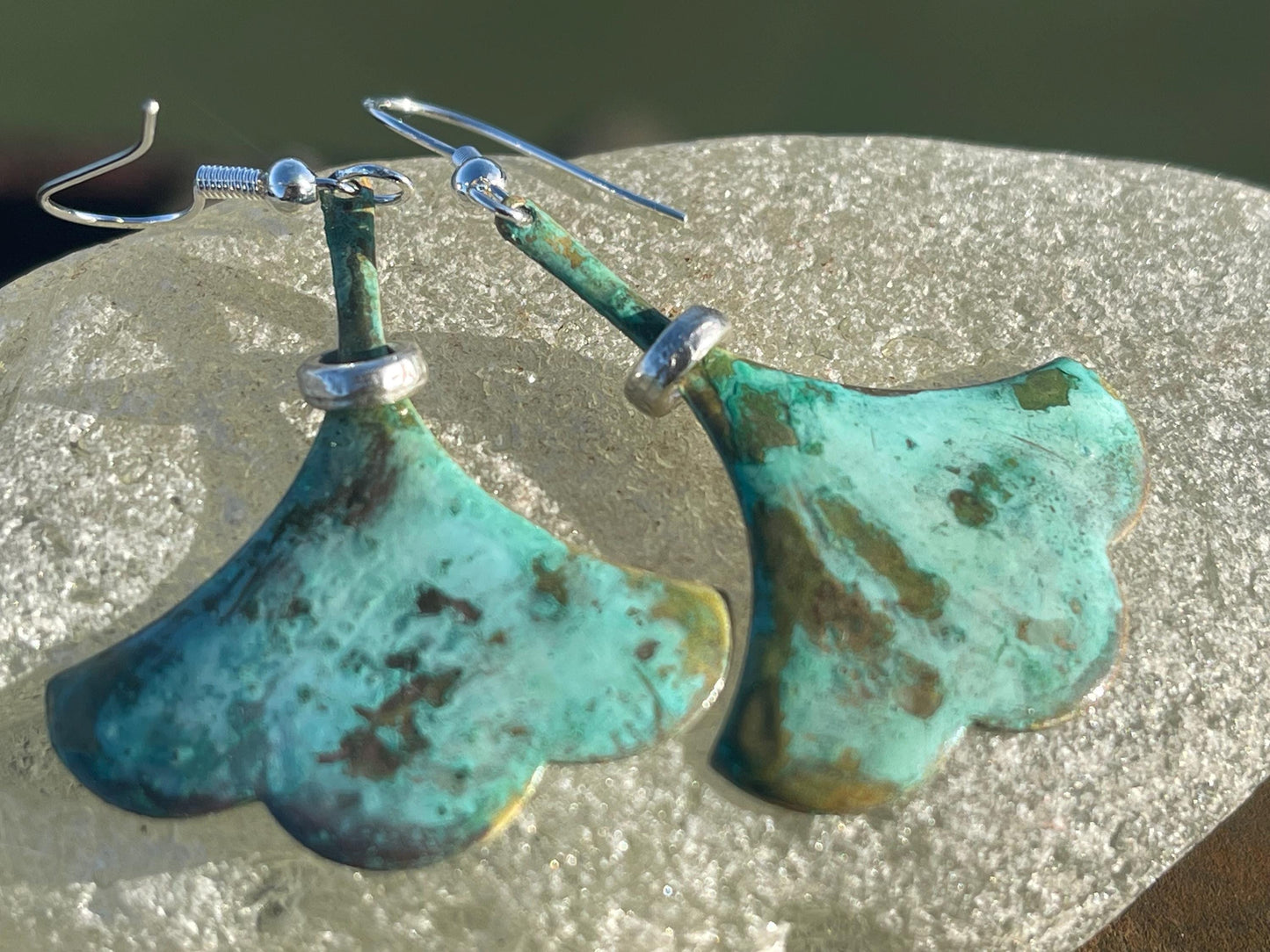 Handmade leaf earrings. Rustic earrings, unusual earrings, unusual gift for her, blue earrings, boho earrings, large statement earrings.