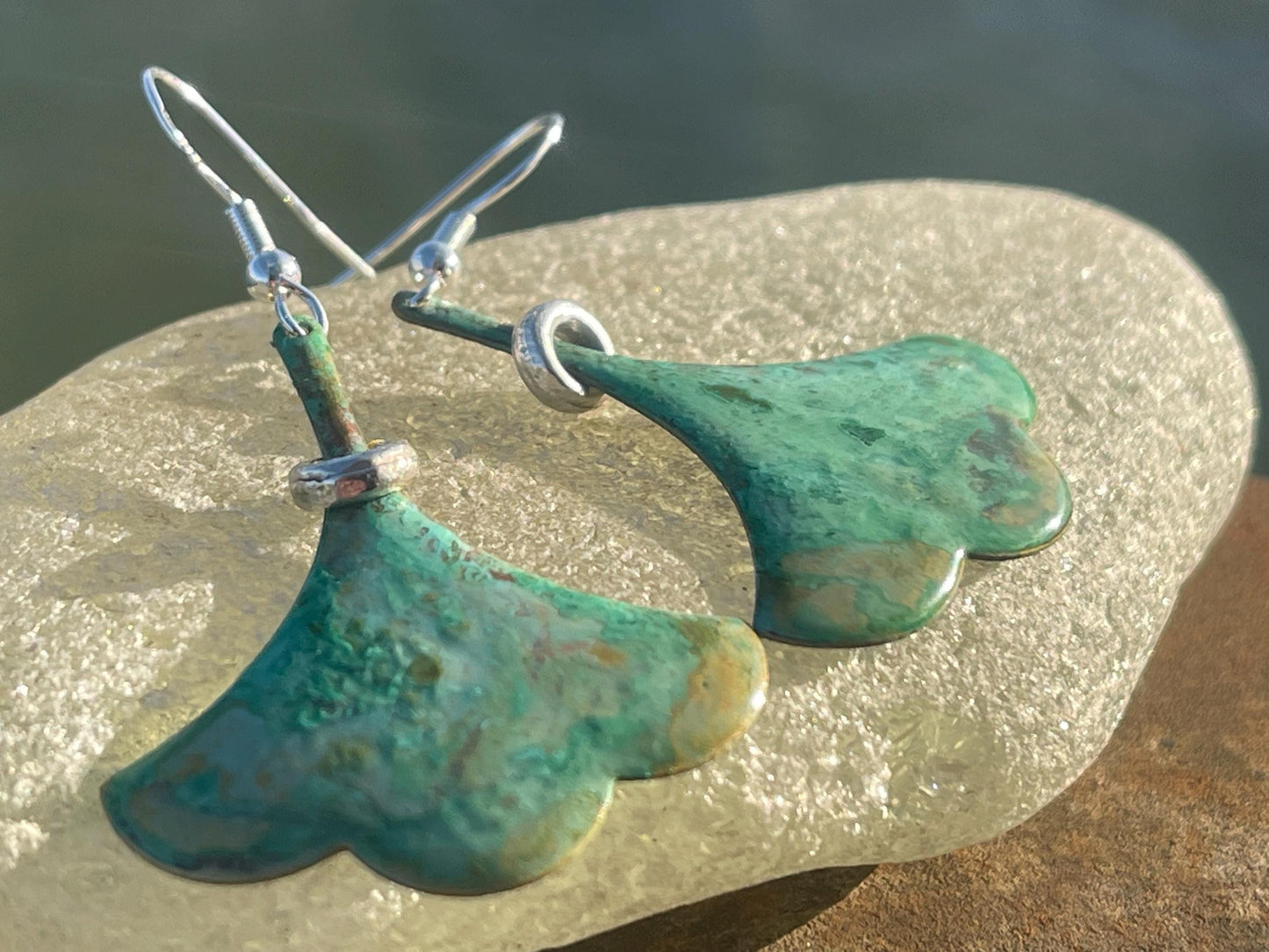 Handmade leaf earrings. Rustic earrings, unusual earrings, unusual gift for her, blue earrings, boho earrings, large statement earrings.