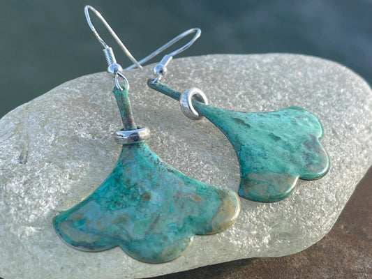 Handmade leaf earrings. Rustic earrings, unusual earrings, unusual gift for her, blue earrings, boho earrings, large statement earrings.