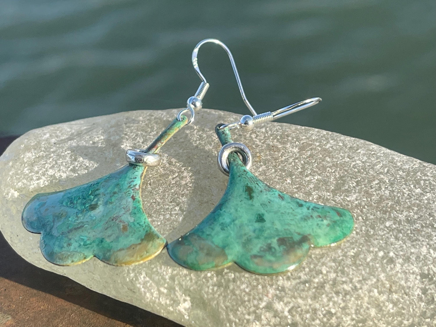 Handmade leaf earrings. Rustic earrings, unusual earrings, unusual gift for her, blue earrings, boho earrings, large statement earrings.