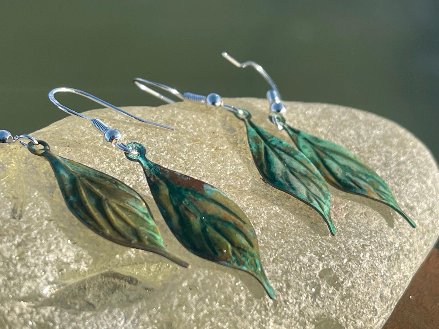 Handmade leaf earrings. Rustic earrings, unusual earrings, unusual gift for her, blue earrings, boho earrings, heart jewellery, hippy gift