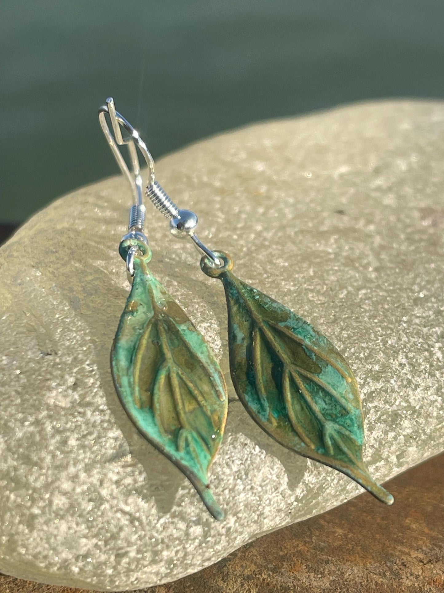 Handmade leaf earrings. Rustic earrings, unusual earrings, unusual gift for her, blue earrings, boho earrings, heart jewellery, hippy gift