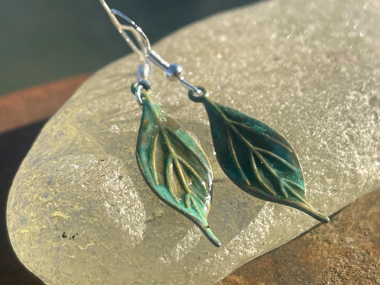 Handmade leaf earrings. Rustic earrings, unusual earrings, unusual gift for her, blue earrings, boho earrings, heart jewellery, hippy gift