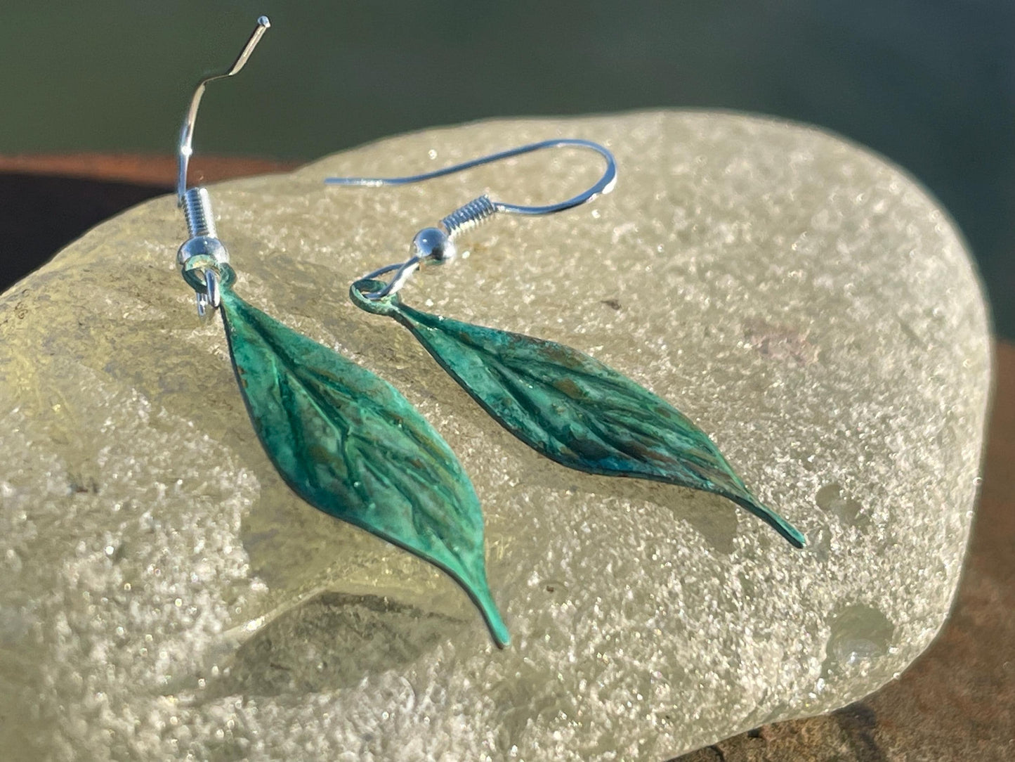 Handmade leaf earrings. Rustic earrings, unusual earrings, unusual gift for her, blue earrings, boho earrings, heart jewellery, hippy gift