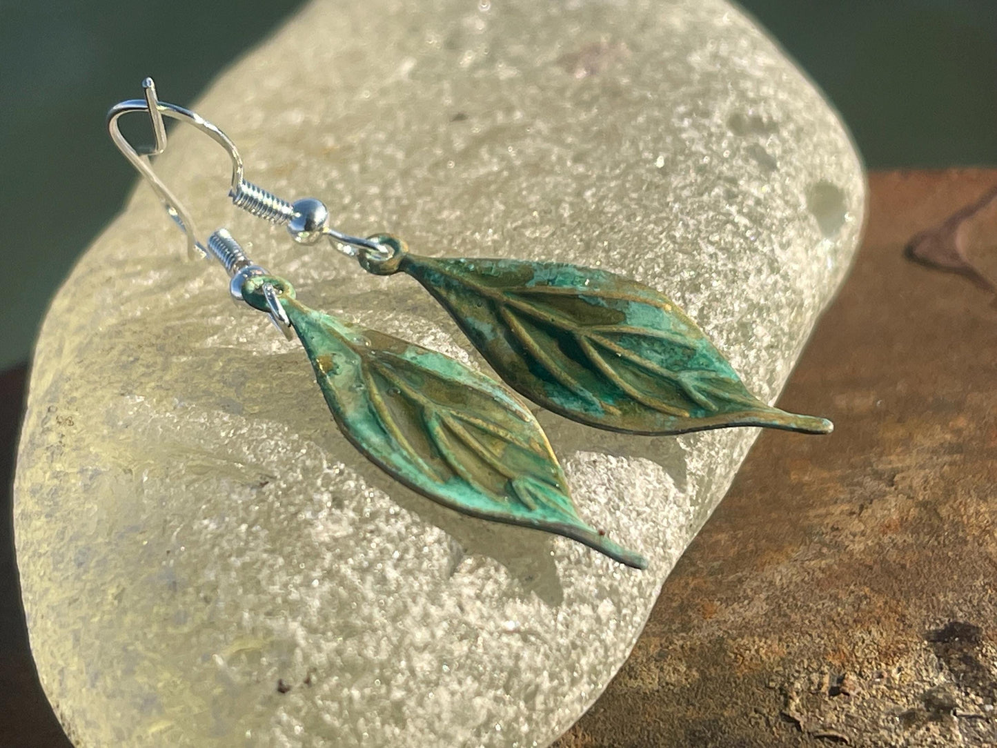 Handmade leaf earrings. Rustic earrings, unusual earrings, unusual gift for her, blue earrings, boho earrings, heart jewellery, hippy gift