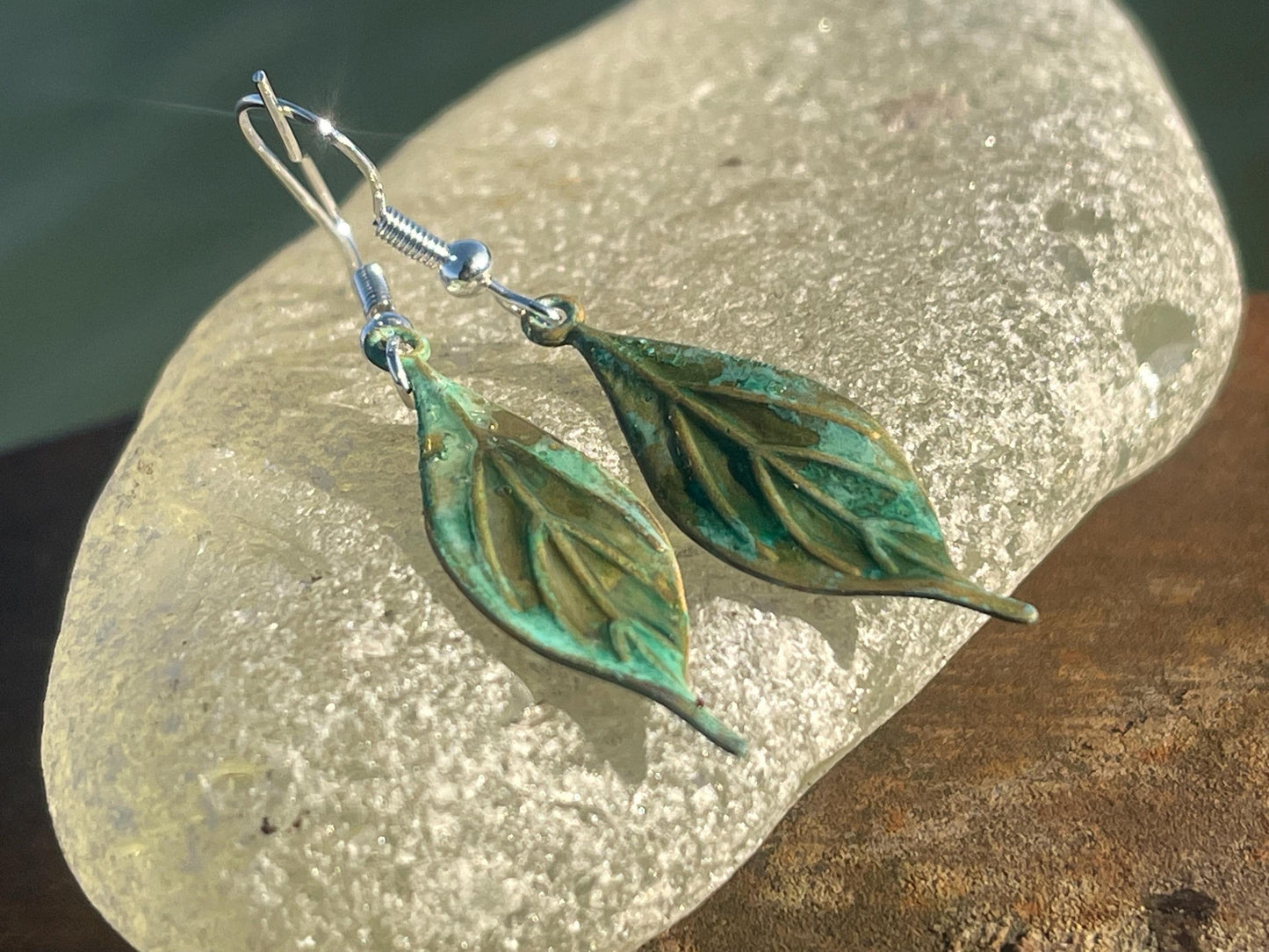 Handmade leaf earrings. Rustic earrings, unusual earrings, unusual gift for her, blue earrings, boho earrings, heart jewellery, hippy gift