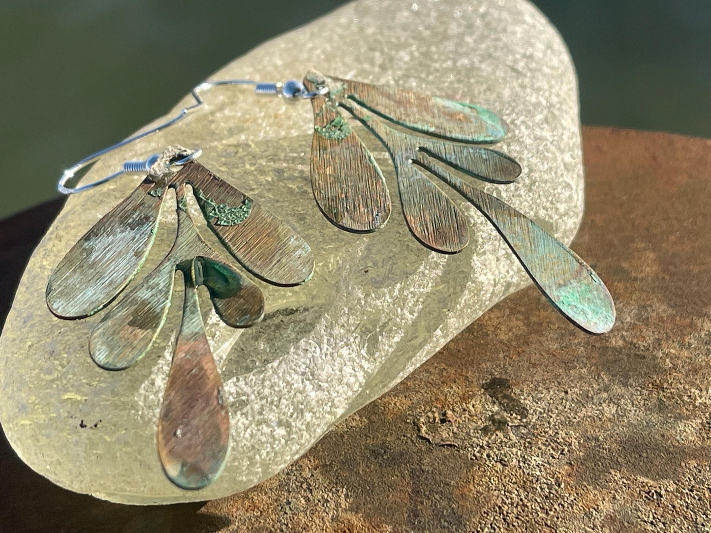 Handmade leaf earrings. Rustic earrings, unusual earrings, unusual gift for her, blue earrings, boho earrings, heart jewellery, hippy gift