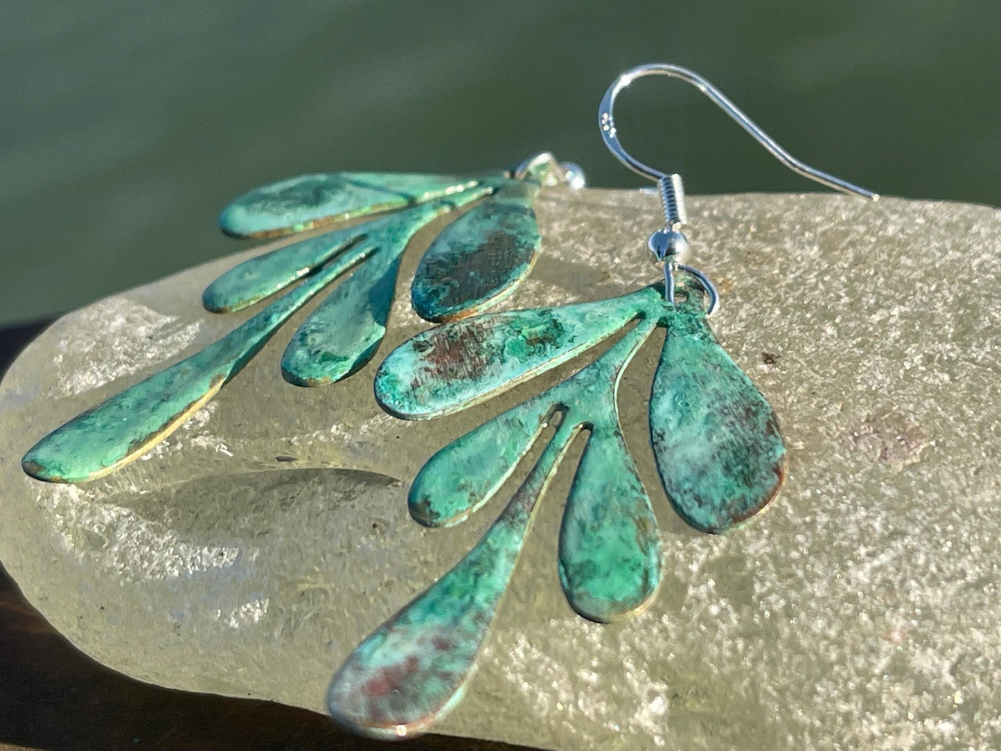 Handmade leaf earrings. Rustic earrings, unusual earrings, unusual gift for her, blue earrings, boho earrings, heart jewellery, hippy gift