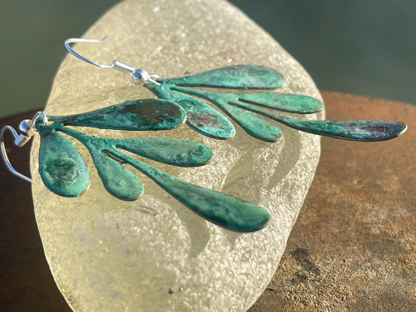 Handmade leaf earrings. Rustic earrings, unusual earrings, unusual gift for her, blue earrings, boho earrings, heart jewellery, hippy gift