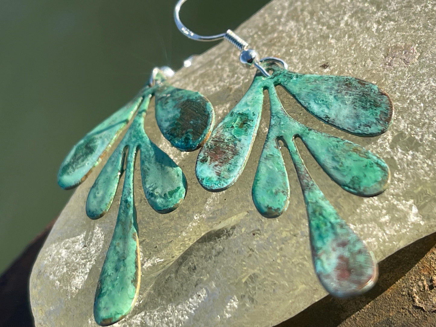 Handmade leaf earrings. Rustic earrings, unusual earrings, unusual gift for her, blue earrings, boho earrings, heart jewellery, hippy gift