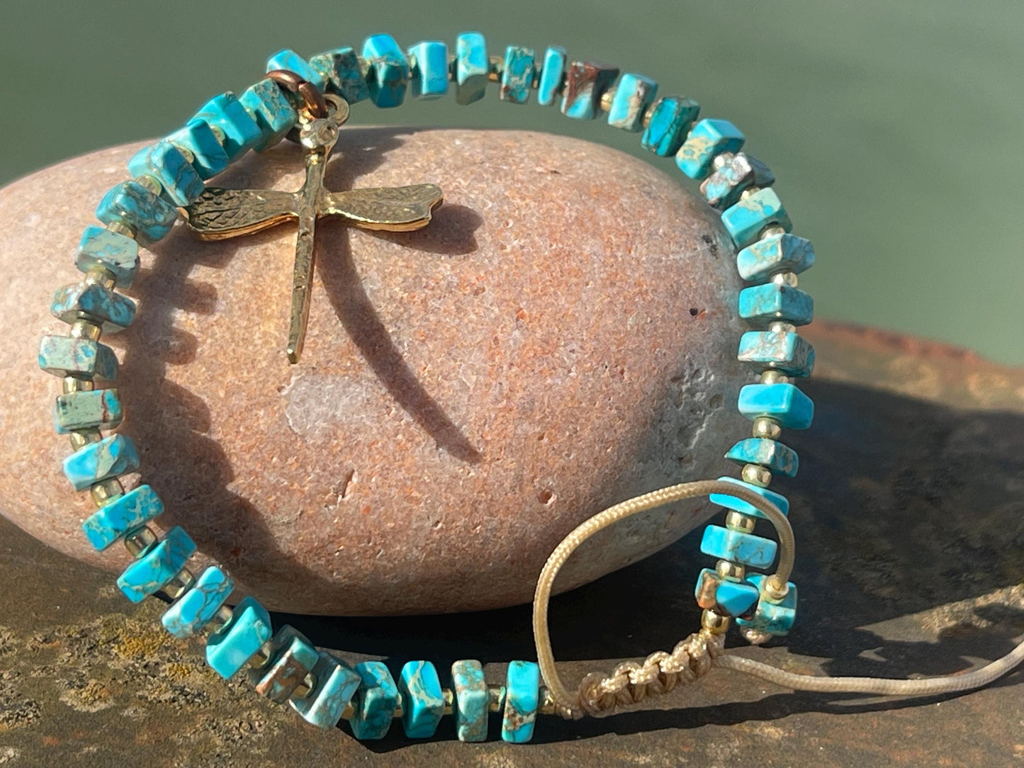 Adjustable gold and blue jasper gemstone bracelet, handmade gift for him or her. Ethical jewellery, handmade unique jewellery.