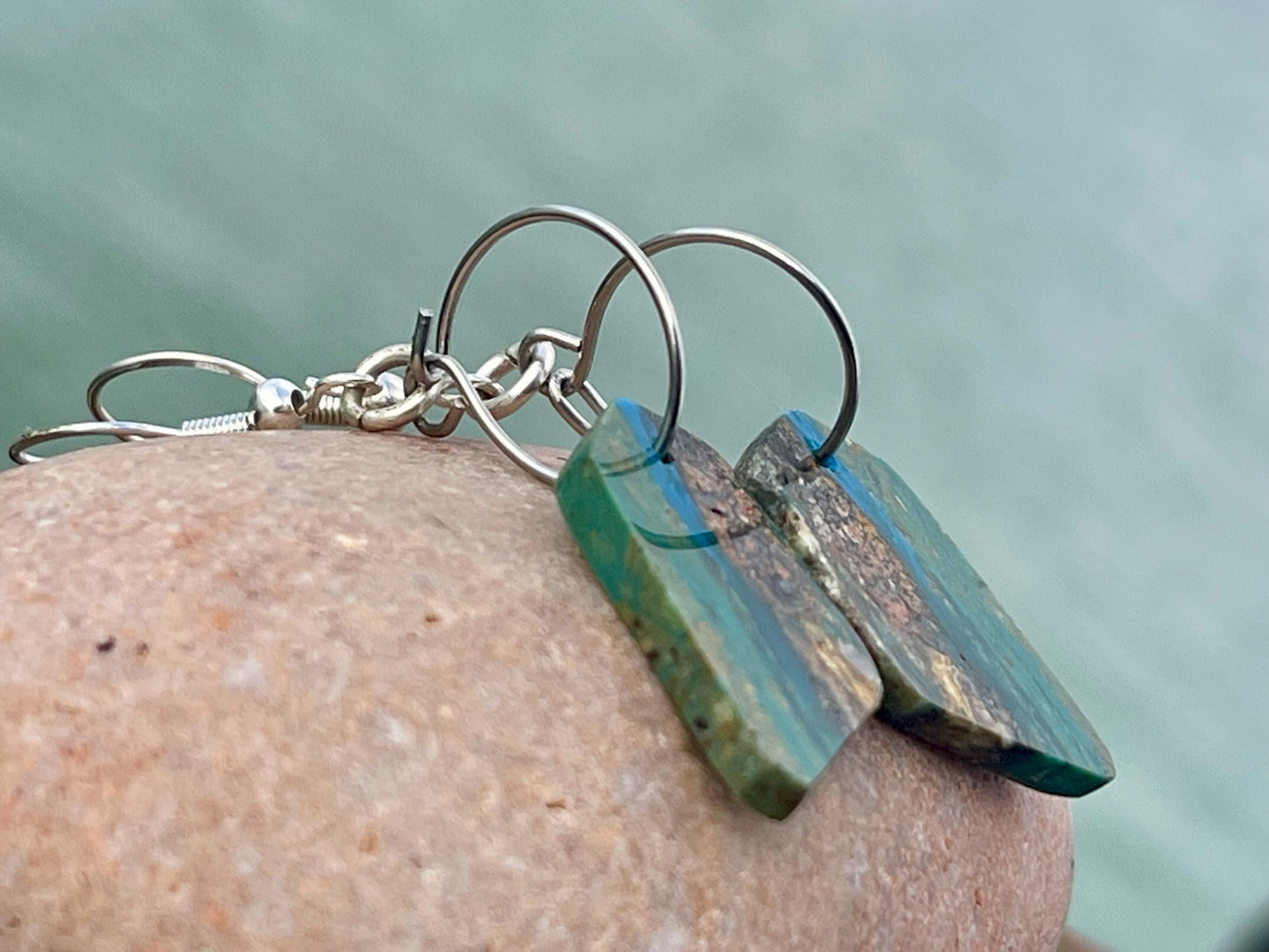 Blue opal nugget earrings on recycled sterling silver. Handmade unusual earrings. Boho earrings. Uniqie jewellery.