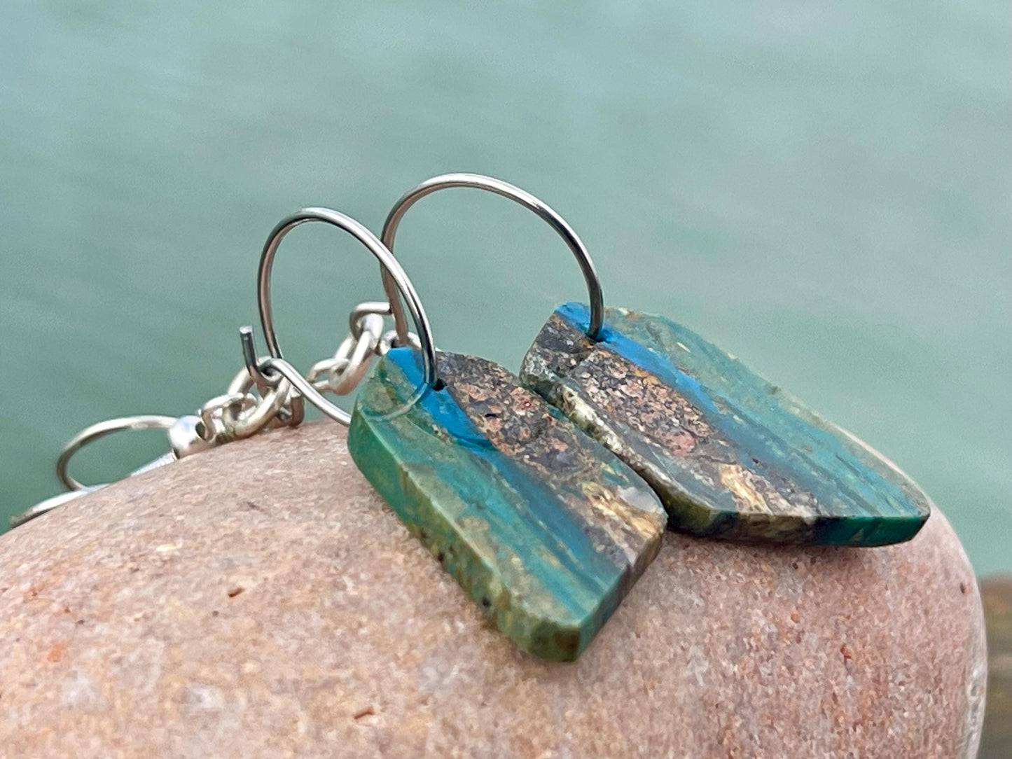 Blue opal nugget earrings on recycled sterling silver. Handmade unusual earrings. Boho earrings. Uniqie jewellery.
