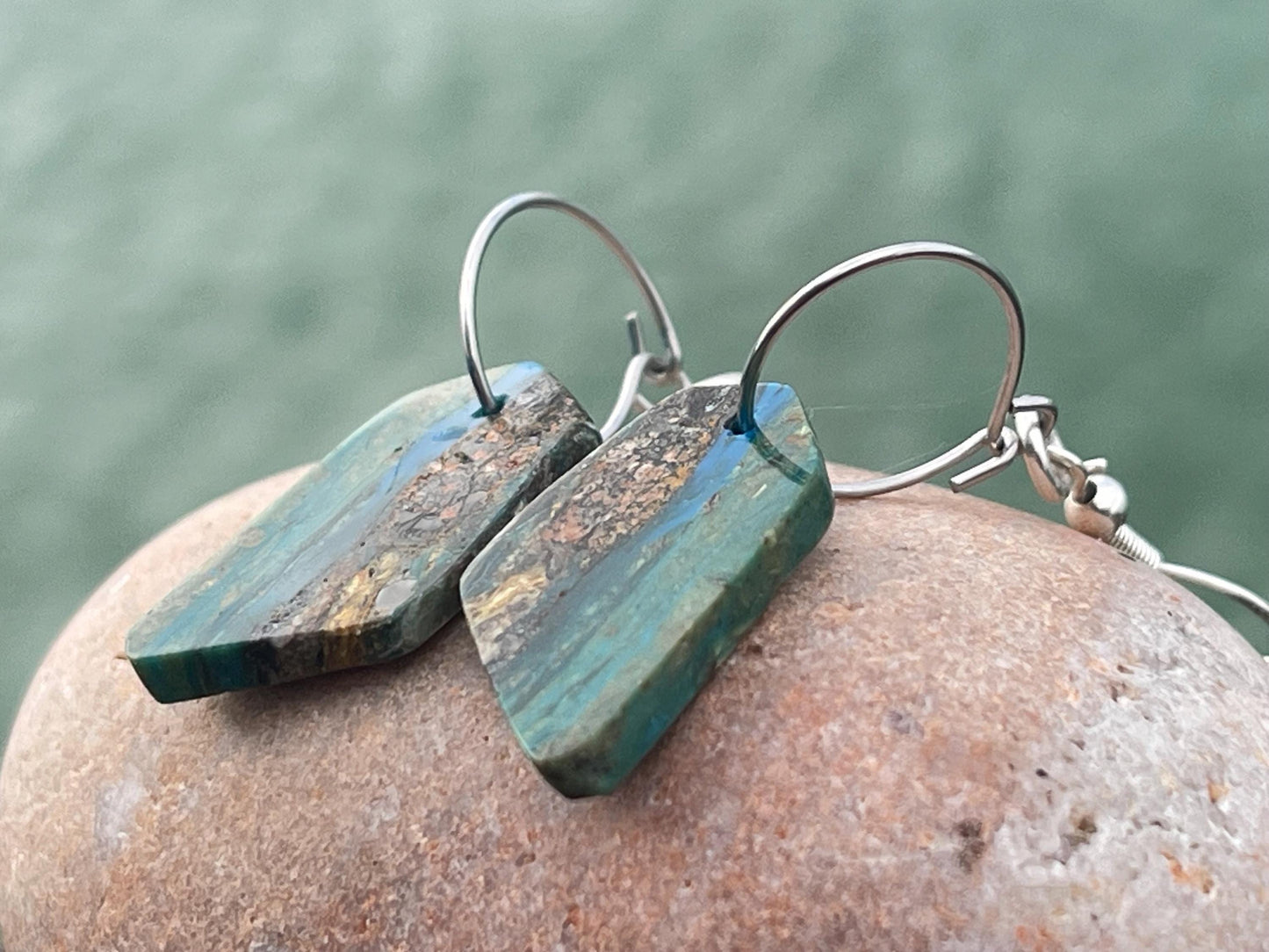 Blue opal nugget earrings on recycled sterling silver. Handmade unusual earrings. Boho earrings. Uniqie jewellery.