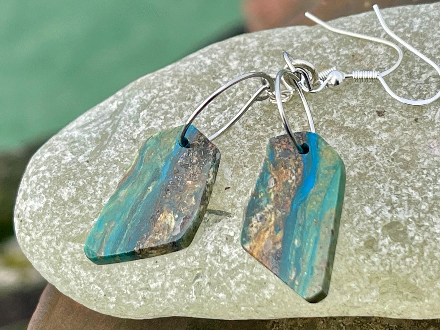 Blue opal nugget earrings on recycled sterling silver. Handmade unusual earrings. Boho earrings. Uniqie jewellery.