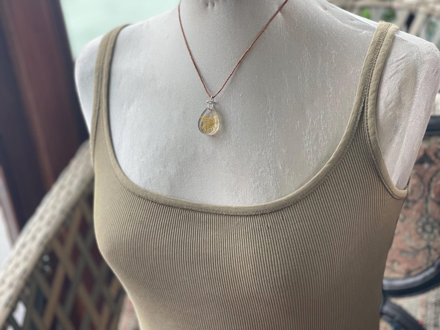 Handmade parsley pendant wrapped in recycled sterling silver. Romantic handmade jewellery. Eco friendly jewellery. Ethical jewellery.