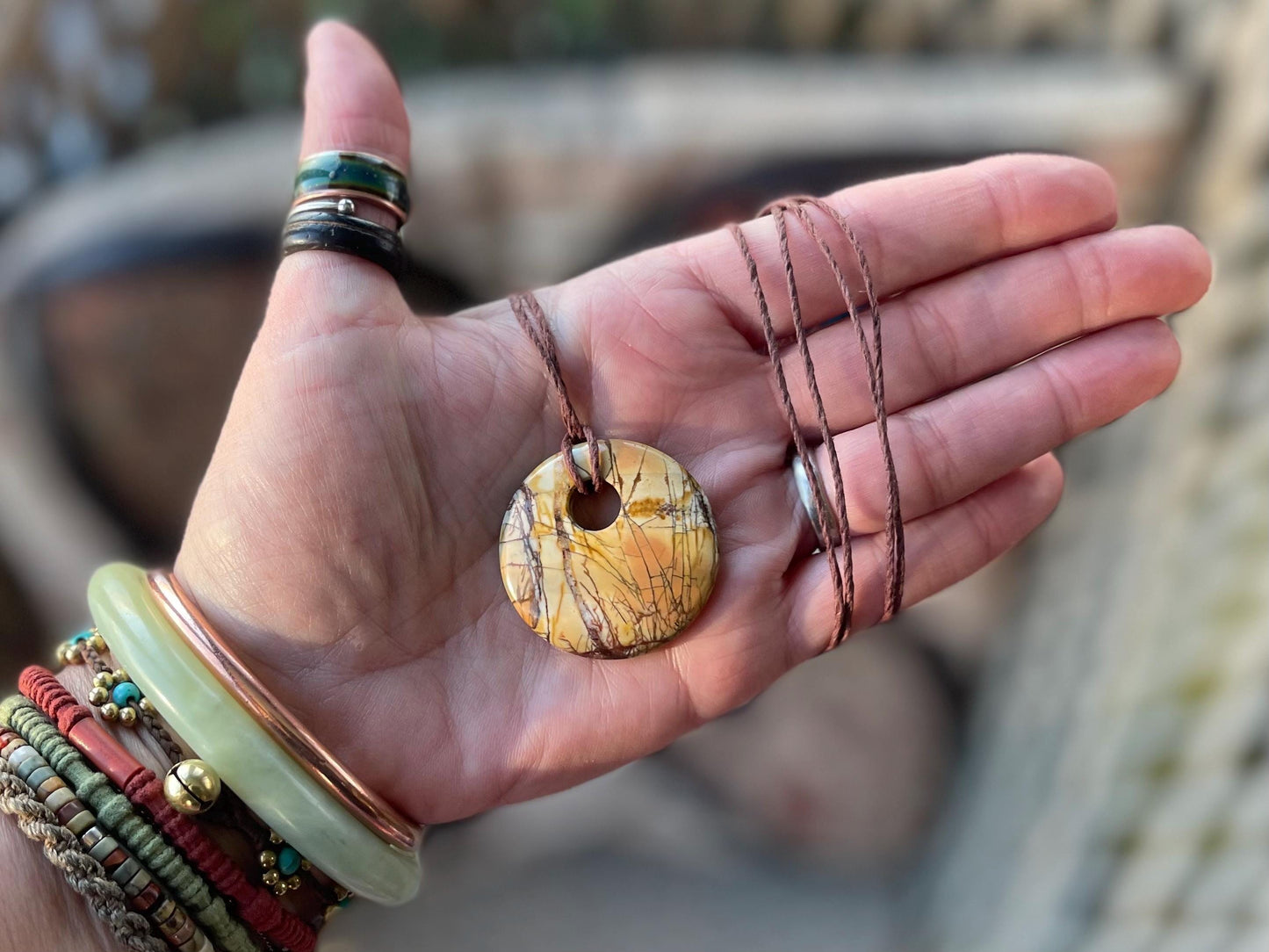 Picasso jasper gemstone necklace. Ethical jewellery, yellow gemstone pendants. Stunning unique jewellery. Unique gifts. Unique necklace.