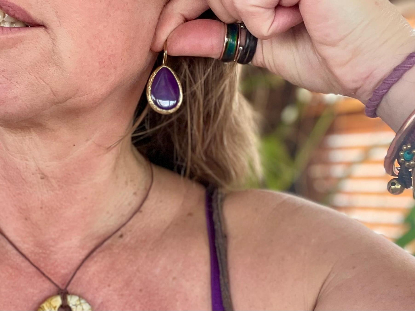 Gypsy jewellery, gold and purple vintage earrings, purple jewellery, ethical jewellery, romantic gifts, eco friendly jewellery.