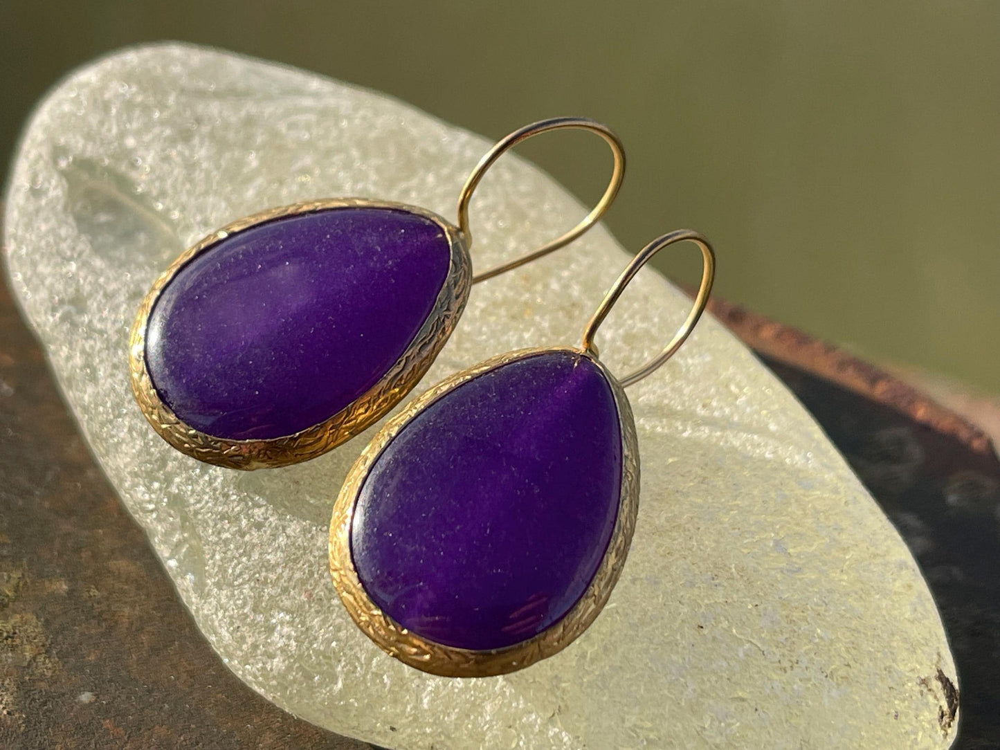 Gypsy jewellery, gold and purple vintage earrings, purple jewellery, ethical jewellery, romantic gifts, eco friendly jewellery.