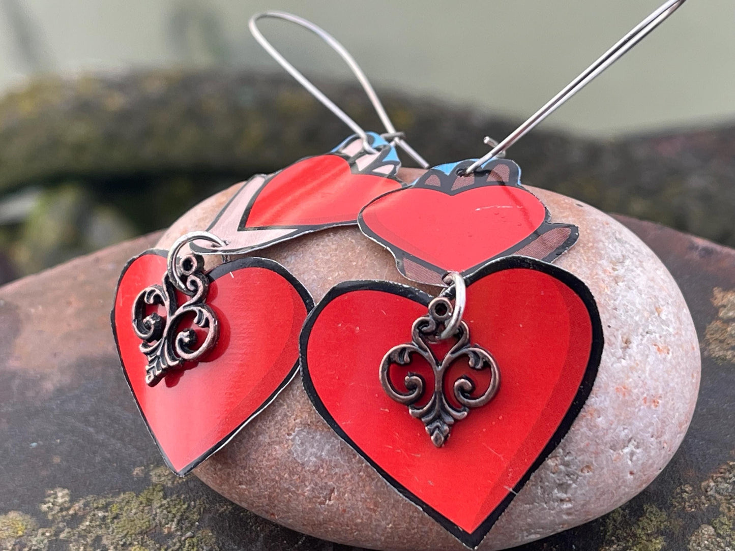 Recycled earrings, heart jewellery, recycled jewellery, heart earrings, eco friendly jewellery, boho gift for her, ethical jewellery